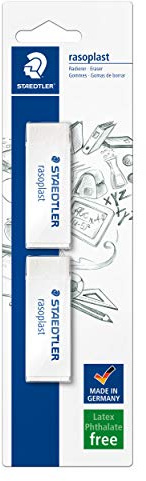 STAEDTLER 526 B2BK2D Radierer rasoplast phtalat und latexfrei, 65 x 13 x 23 mm, 2 Stück auf Blisterkarte, weiß | Phthalatfrei, Komfortqualität für die Schule, langlebig – Schiebemanschette – Art.-Nr. 526B2BK2DA