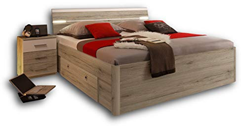 Stella Trading MARS Stilvolle Doppelbett Bettanlage 180 x 200 cm mit 2x Nachtkommoden - Schlafzimmer Komplett-Set in Eiche San Remo Optik, weiß - 216 x 97 x 185 cm (B/H/T)