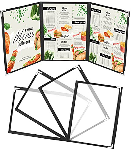 Kurtzy 5 STK DREI Doppelseitige Faltbare A5 Menükartenhalter - Menükarten im Amerikanischen Stil - Schwarze Menükarten mit Edelstahl Eckenschutz - Für Restaurants, Bars, Cafés, Speisen und Getränke