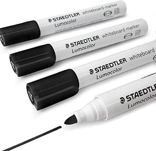 Staedtler Lumocolor Whiteboard markörpennor 351 – korrigeringspenna för torr radering – kulspets – paket med 4 x svart