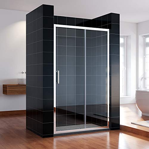 SONNI Schiebetür für Nische aus 5 mm ESG-Glas, Silber, 100 × 185 cm | Leichtgängiges Schiebesystem, silber eloxiertes Doppelprofil, Edelstahlgriff, beidseitig montierbar