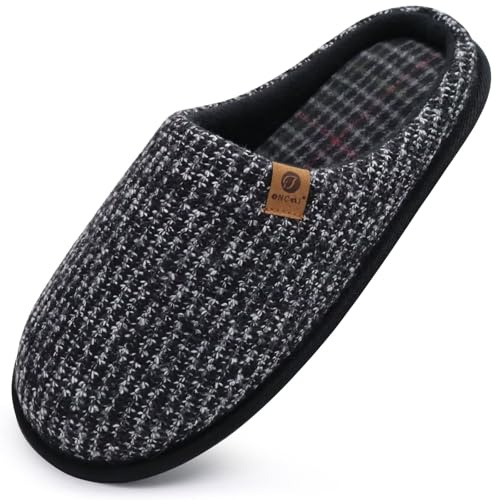 ONCAI Chaussons Homme Pantoufles à Rayures Hiver Chaussures Chaudes pour La Maison en Mousse à Mémoire de Forme, Laine en Peluche Doublée Avec Semelle en Caoutchouc Antidérapante Noir Taille 45