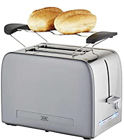 KHG Toaster TO-1050 GE | Toaster 2 Scheiben, Grau, 1050 W | mit Brötchenaufsatz, 6 Röstgradstufen mit Bräunungsgradkontrolle, Krümelfach, Auftau- und Aufwärmfunktion