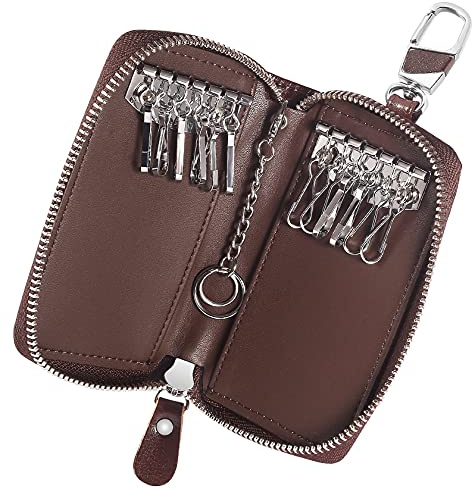 Foonii Etuis Porte Clés Cuir, Pochette Porte Clef Cuir Porte-Clé Voiture Porte-monnaie Sac à poche Sécurité Multifonctionnel Fermeture Éclair Classique Casual, avec 12 crochet Clip - Brun