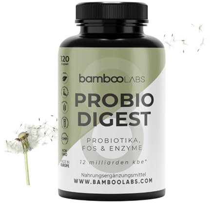 Bamboo Labs - Probioticos y Prebioticos Intestinales 120 Cápsulas, 3 Cepas con más de 12 Mil Millones de UFC + Complejo Enzimas Digestivas Potentes, Favorece el Sistema Digestivo e Intestinal