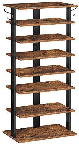 HOOBRO 8-lagiges Schuhregal, schmales Schuhablage, 50 cm Schuhschrank mit 2 Haken, Ablagegestelle, platzsparend, Stabil, für Eingang, Wohnzimmer, Schlafzimmer EBF750XJ01