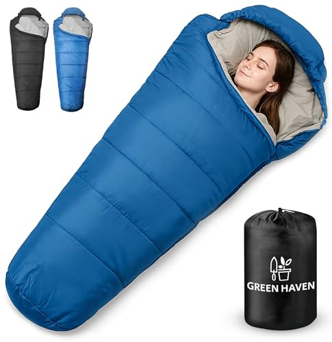 Green Haven Camping Sleeping Bag - Lightweight, Waterproof 3-Season Mummy Shaped Bag for Adults & Kids, Compact & Warm Design for Hiking, Backpacking, and Outdoor Adventures Blue