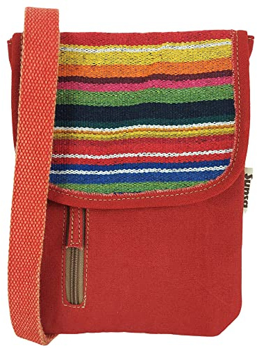 Sunsa kleine Umhängetasche aus Canvas & gestreifter gewebter Baumwolle, rot | Vegane Crossbody Tasche. Mini Messenger Bag mit mehreren Fächern und verstellbarem Crossover-Schultergurt