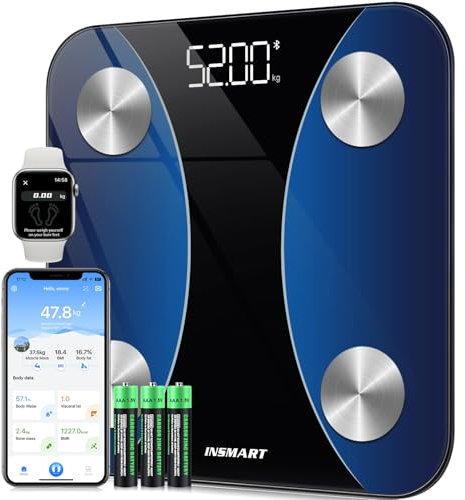 Bilancia Pesapersone Digitale Professionale, INSMART Bilancia Impedenziometrica Smart Bluetooth con 16 Indici di Misurazione Pesa Persone, Massa Grassa e Magra, BMI, Massa Muscolare o Ossea, 180KG