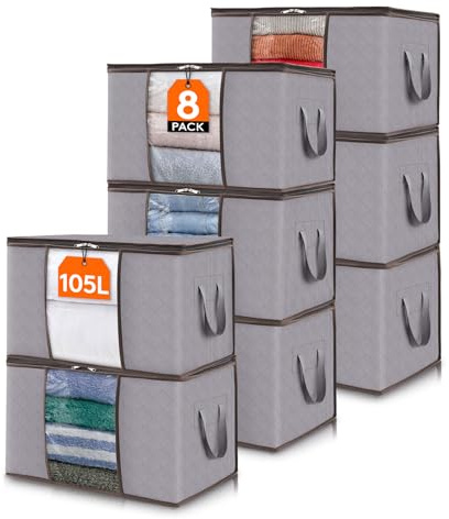 Lifewit Bolsas Almacenaje Ropa, Cajas Almacenaje Plegable, Bolsas para Guardar Ropa, Cajas Mudanza, Organizador Armario Para Ropa, Mantas, Juguetes, Gris Claro, 105 L, 8 Piezas