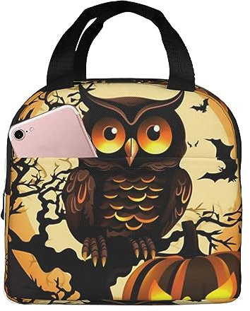 FJAUOQ Bolsa de almuerzo con diseño de cabeza de calabaza y búho de árbol negro, lonchera aislada de gran capacidad, bolsas de almuerzo duraderas, impermeable, lonchera unisex para trabajo, oficina,