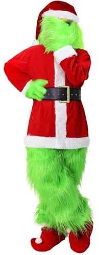Claofoc 7 teiliges Santa Claus Kostüm Erwachsene Weihnachtsmütze Cosplay Outfit Set mit Maske Grün Großes Monster Halloween Christmas Lustige Cosplay Kostüm Requisiten