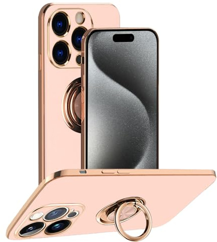 Rdyi6ba8 Custodia per iPhone 15 Pro Max, Ultra Sottile Morbida TPU Silicone Placcato Case 360° Regolabile Anello Magnetica Supporto Ring Cover per iPhone 15 Pro Max - Rosa