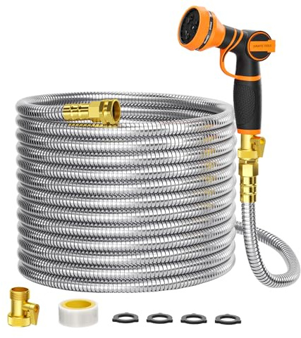 Girafe Tools Garden Hose 100ft x 5/8, 304 Stainless Steel Metal Water Hose, No Kink Garden Water Hose with 9 Pattern Spray Nozzle, Flexible, Lightweight, Kink Free Hose for Yard, Outdoor