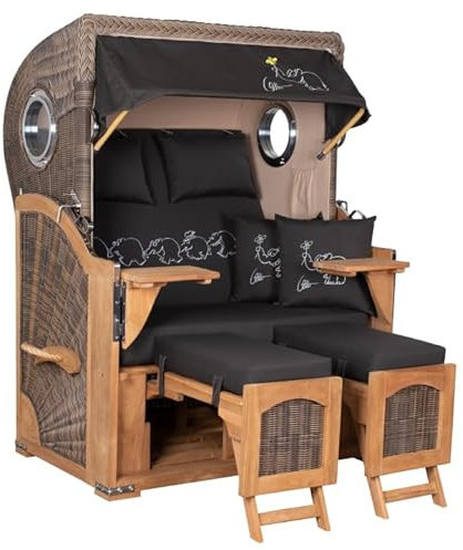 MR. DEKO® Strandkorb Düne Teak Bullauge | PE Geflecht Grey | Volllieger verstellbar | Fußablage | 2-Sitzer Strandkörbe aus Teakholz für Garten & Terrasse, fertig montiert (Dessin Ottifant)