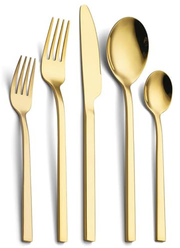 Guangcailun Juego de Cubiertos de Acero Inoxidable de 5 uds., Calidad alimentaria, Exquisita artesanía, Durabilidad, Cuchara, Cuchillo y Tenedor, Juego de Cubiertos, 18/10 Tenedores, Oro