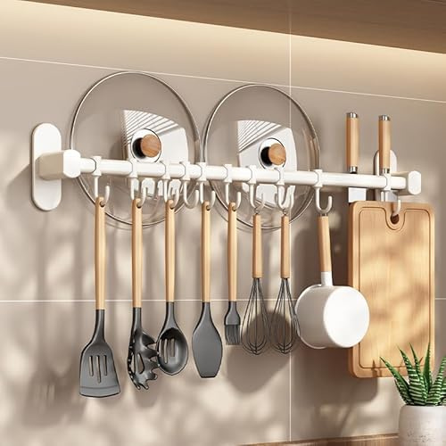 EHOTER Porte-ustensiles de cuisine avec 8 crochets, économise de l'espace, sans perçage, montage mural, autocollant pour cuisine, salle de bain, chambre à coucher (blanc)