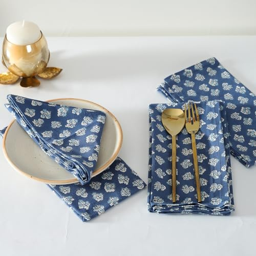 TARAN LIVING Cotton Cloth Napkins Natural Reusable Fall Dinner Napkins Reusable Machine Washable Fabric for Events, Gift, Home Decor - Indigo Blue (Pack of 4), 18x18 Inches