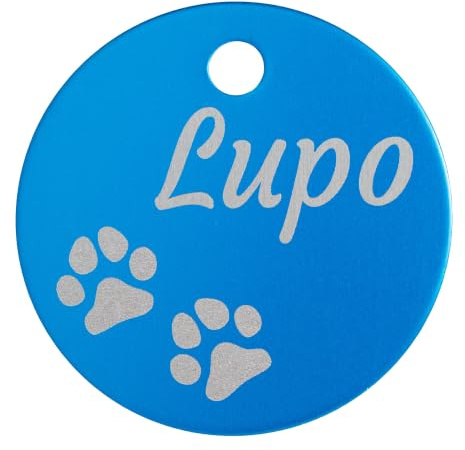 Unikat Branding Hundemarke mit Gravur personalisiert, Hellblau, 30 mm | Adressanhänger und Namensschild für Hund, Katze, Welpe, Anhänger fürs Hundehalsband, beidseitig graviert mit Telefonnummer