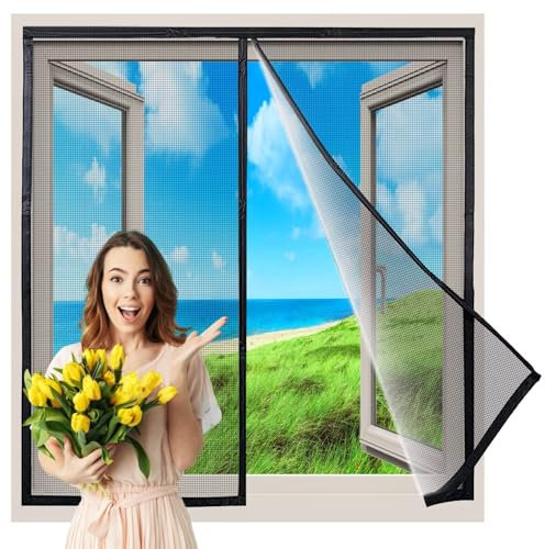 Fliegengitter Fenster InsektenschutzFenster Insektenschutzrollo SchiebeFenster, 165x150 cm mit Full Frame Klettverschluss & Eingenähten Gewichten, Bausatz Innovativ, Schwarz