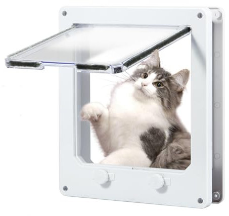 Porta per gatti interna in plastica bianca, per interni, gattaiola, porta scorrevole per animali domestici, chiusura a 4 vie, per porte esterne e finestre (27 x 23,5 cm)