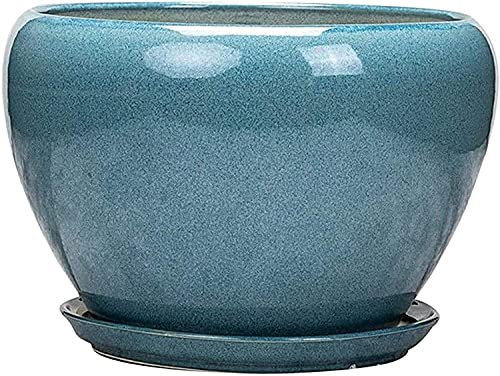 Bright Blue Ceramic Flower Pot, Beautiful Indoor Outdoor Plant Pot with Drainage Holes and Tray, Succulents Herbs Plants Cactus Planting Pots, Windowsill Gardening Decoration (Blue 16 * 12cm) (Blue 2