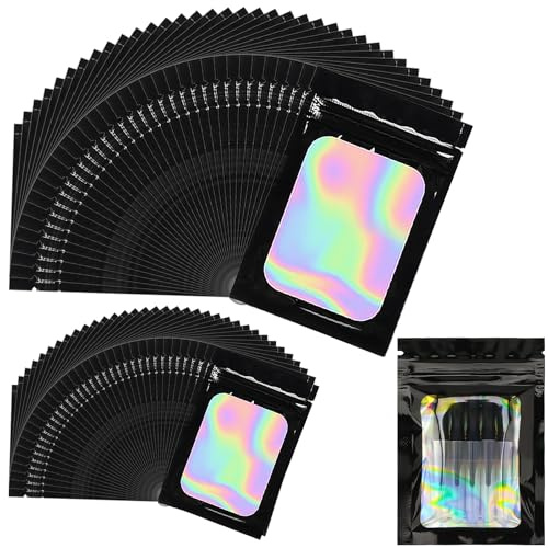 YOUNGSAY 200 PCS Sachet Holographique Refermable, 7 x 10/10,5 x 15cm Noir Sachet Plastique Holographique, Sachets Alimentaires Zip avec Fenêtres Transparente