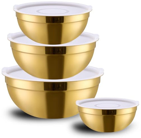 MEADLY Gold Mixing Salad Bowls With Lids Set of 4, Stainless Steel Nesting Bowl with white Lid,Dishwasher Safe,Home kitchen Mixing Prepping Storing Serving,size of 5.5,3.6,2.1,1.5,Qt