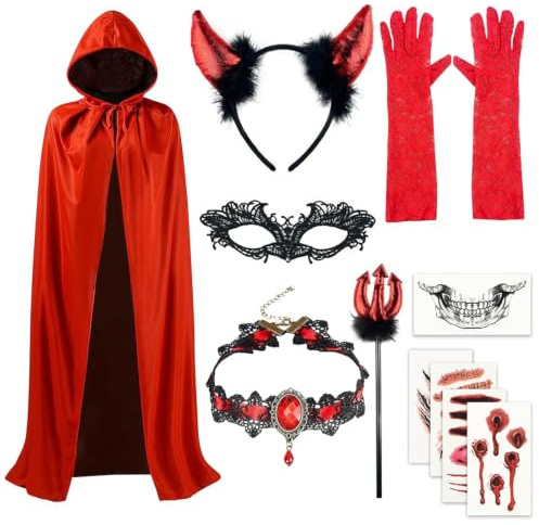 STFYUG Vampir Kostüm 1.5M Teufel Kostüm Damen, Halloween Kostüm Teufel, Halloween Umhang Doppelseitig Vampir Umhang Erwachsene für Halloween Karneval Kostüm Party