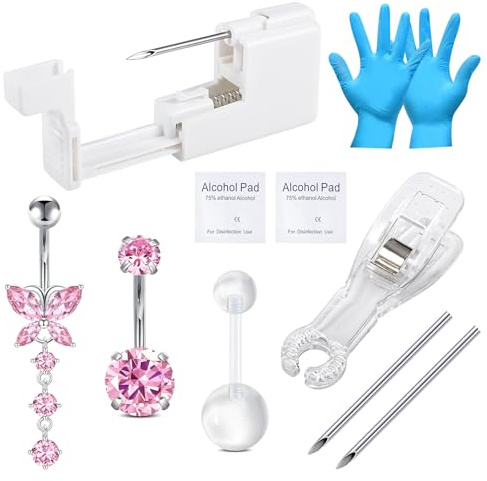 WillTen, kit per piercing da 10 pezzi con pistola, aghi extra da 13G e 14G, barra per ombelico in acciaio chirurgico 316L per ombelico, setto, naso, capezzolo, lingua, 10mm, Metallo