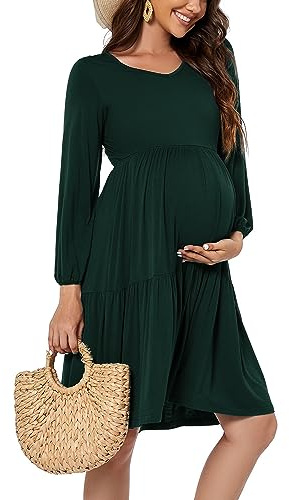 Smallshow Damen Umstandskleid Langarm Schwangerschafts Umstandsmode Kleid Deep Green S