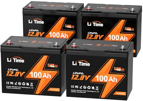 LiTime 4PCS 12V 100Ah Lithium Leisure RV LiFePO4 Battery,BCI Group 24, Built-in 100A BMS, 4000+ Deep Cycles, 1.28kWh -Higher Energy Density, Perfect for RVs, Solar, Trolling Motor, Motorhome and Boats