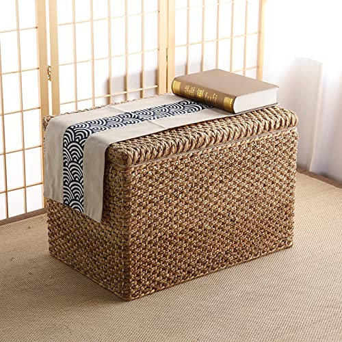 Aufbewahrungsbank aus Seegras, gewebt, für Wohnzimmer, rustikaler Bauernhaus-Kofferraum, Bettbank, Truhe, Holz, Fußstütze, Hocker, Rattan, gewebt, Ottomane, Natur, 70 x 40 x 45 cm