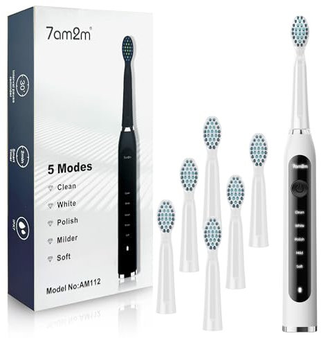 7AM2M Sonic Electric Toothbrush for Adults High Power Rechargeable Toothbrushes with 6 Brush Heads,5 Adjustable Modes, Built-in 2-Minute Smart Timer,3 Hours Fast Charge for 45Days (White)