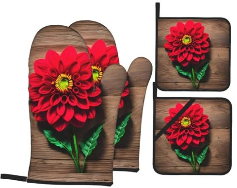Holzbrett Retro Blume Rot Dahlie Druck Ofenhandschuhe Küche Backen Vierteiliges Set Hitzebeständige und Wärmeisolierende Handschuhe