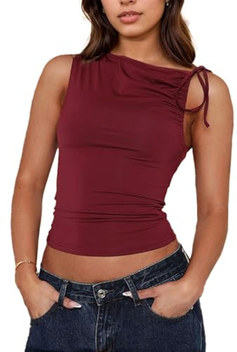 EMOTTOS Camiseta de Tirantes Asimétricos para Mujer, Sexy Y2K Ajustada Crop Top sin Mangas con Correa Ajustable, Slim Fit Tops sin Hombros para Verano Club Fiesta, Negro/Blanco/Rojo, S-L