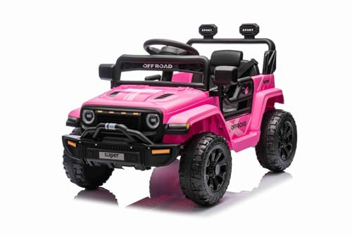 Barn elbil offroad ny med bakhjulsdrift, rosa, litiumbatteri, högt chassi, brett säte, bakhjulsfjäder, 2,4 GHz fjärrkontroll, MP3-spelare med USB/AUX-kontakt, LED-lampor
