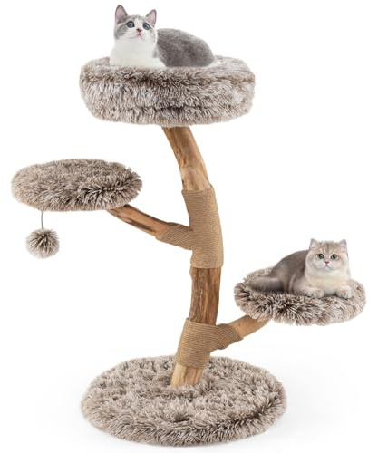 COSTWAY Petit Arbre à Chat, Arbre a Chat Bois de Poirier Massif, 4 Plateformes, 2 Poteaux à Griffer en Jute, Tissu Peluche, Coussins Amovible, Pompon Suspendu, 50 × 50 × 90 cm (90 cm)