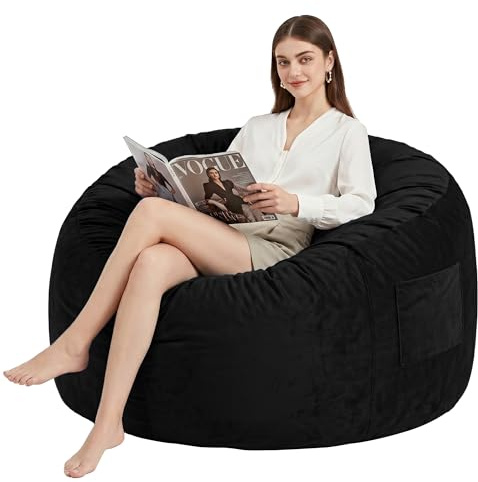 Kasunpul Pouf Chaise Poufs Chaises pour Adultes Poufs Géants avec Housse en Velours Bean Bag, Noir, 90 x 90 x 49 cm
