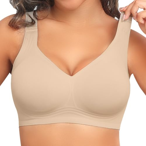 PoseFree Bras for Large Busts Non Wired Support | Full Coverage Comfort Seamless Bras for Large Breasts | Older Women Wireless Minimiser Bra Nude 2XL