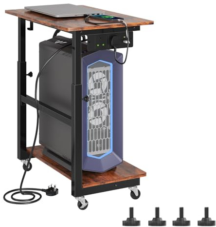 HavenlyYouth 2-Tier Computer Tower Stand with Power Outlet, Height Adjustable PC Stand with Wheels, ATX-Case CPU Holder Cart with Hooks for Home, Office, Gaming
