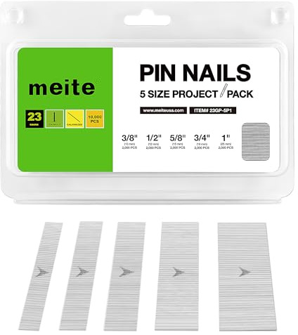 meite 23 Gauge Pin Nails, Assorted 5 Sizes (10, 12, 15, 19, 25 mm) Micro Headless Piner Nails - Galvanised 23GA Pins Nails for Nail Gun, Ideal for Fine Woodworking and Trim Work (10,000 Counts)