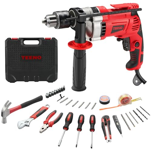 TEENO Taladro Percutor Eléctrico 0-3000 RPM, Taladro Percutor con Cable 910W, Botón de Velocidad Variable, Portabrocas de 13mm, 37 Accesorios Caja Herramientas Completa, Ladrillo, Madera, Acero