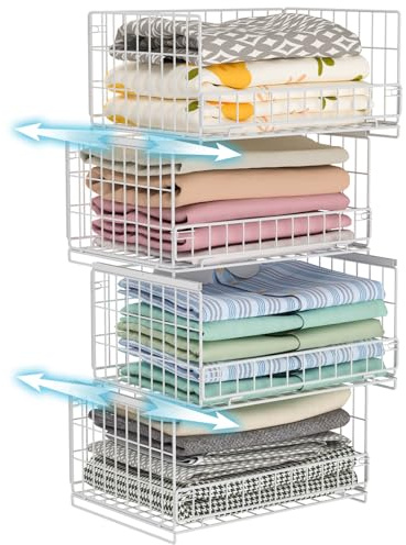 Hongtamoya 4-Tier Sliding Closet Organizers and Storage Shelves, Stackable Closet Shelf Organizer Basket Bins, Drawer Shelf Storage Container for Wardrobe Cupboard Kitchen Bathroom Office, White