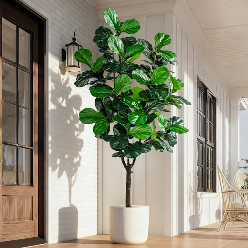 Erimda Artificial Fiddle Leaf Fig Tree 7ft with White Planter Realistic Fiddle Leaf Lyrata Plant Tall Fake Tree with Natural-Looking Leaves Fake Tree for Indoor Outdoor Home Office Decor