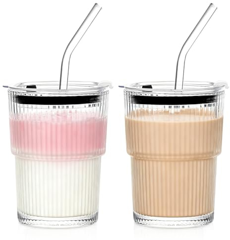 GOTDYBST 2 Pack 400ml Glass Cups, Iced Coffee Cup with Lids and Straws