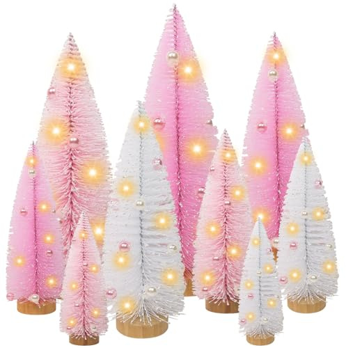9 Stück Mini Weihnachtsbaum,Kleiner Weihnachtsbaum mit LED Lichterketten Tannenbaum Künstlich Weihnachtsbäume Klein Geschmückt Miniatur Christmas Tree Rosa Weiß Weihnachtsdeko Tisch Weihnachten Deko