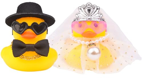 Mwmoeen 2 Stück Braut und Bräutigam Gummi Enten für Hochzeitsgünsten, Party-Gunsten, Hochzeitsdekoration, Hochzeit Segen Kuchen Jubiläumsgeschenk mit weißem Schleier