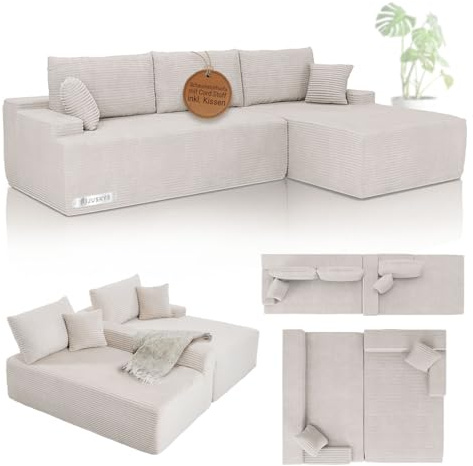 Juskys Sofa Coredo - modernes Cord Sofa mit Ottomane rechts, gemütliche Couch mit Schaumstoffpolsterung, Cordbezug & Kissen, modular - Beige