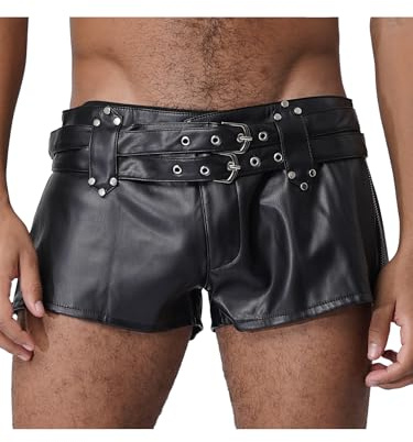 Yihuimin Pantalones cortos de cuero para hombre Pantalones cortos de corte profundo con cremallera doble cinturón ajustable Nightclub rave fiesta traje